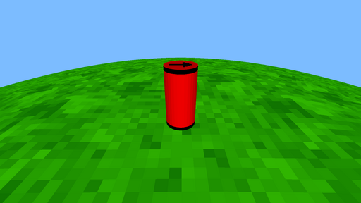 A screenshot of Guidebeams showing a red cylinder representing the player on a green ground plane. The player/cylinder has a black arrow on its top representing its facing direction, and has shading that makes its sides dimmer than the front side facing the camera; this shading is discrete, revealing that the "cylinder" is actually a polygonal prism. The ground plane has a random noisy texture which is tiled as squares with five around a vertex, with each tile having order-4 rotational symmetry.